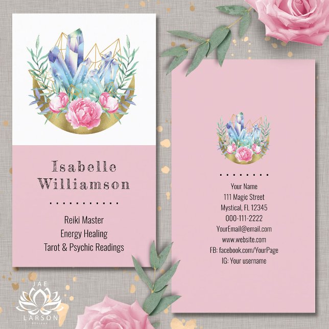 Boho Crescent Moon Crystal Cluster Pink Roses Chic Business Card (Creator Uploaded)