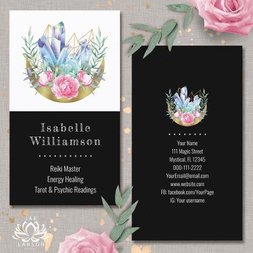 Boho Crescent Moon Crystal Cluster Pink Roses Chic Business Card