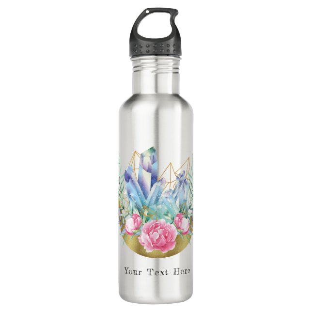 Boho Crescent Moon Crystal Cluster Pink Roses Chic Stainless Steel Water Bottle (Front)