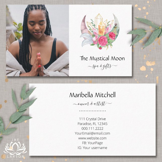 Boho Crescent Moon Crystals Feathers Flowers Photo Business Card (Creator Uploaded)