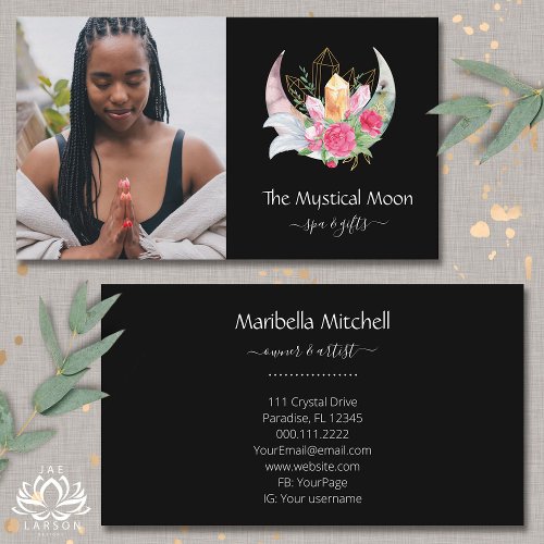 Boho Crescent Moon Crystals Feathers Flowers Photo Business Card