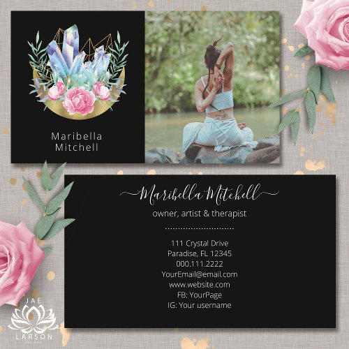 Boho Crescent Moon Crystals Pink Roses Photo  Business Card
