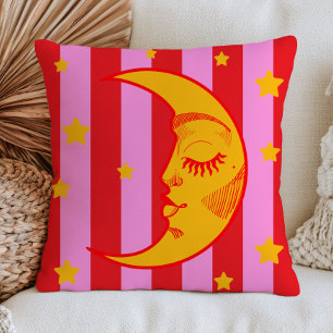 BOHO Crescent Moon Face Red& Pink Striped Throw Pillow