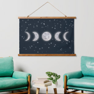 Boho crescent moons glowing stars navy blue hanging tapestry