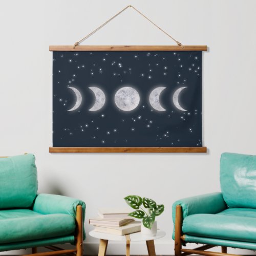 Boho crescent moons glowing stars navy blue hanging tapestry
