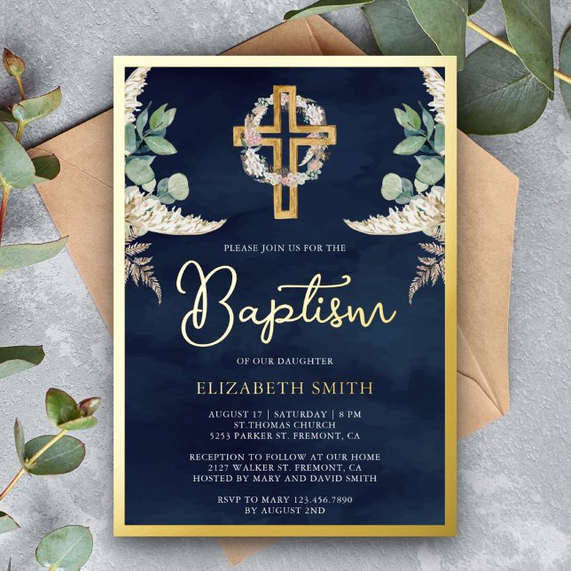 Boho Cross Pampas Eucalyptus Baptism Navy Gold Foil Invitation (Creator Uploaded)