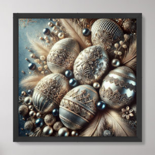 Boho crystal silver and navy blue Easter eggs Framed Art