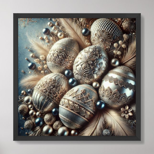 Boho crystal silver and navy blue Easter eggs Framed Art (Framed Front)