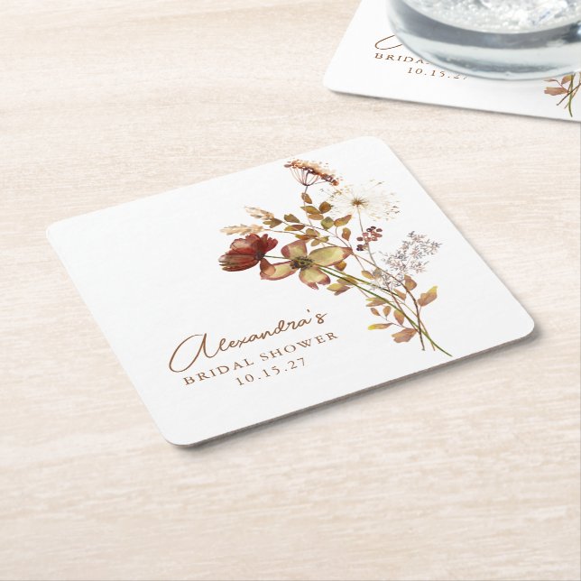Boho Custom Earthy Nature Botanical Bridal Shower  Square Paper Coaster (Angled)