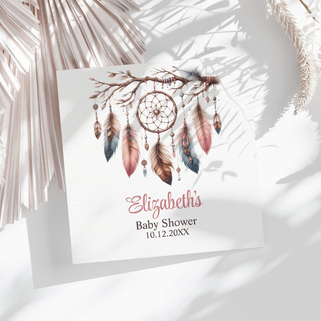Boho Custom Name Dreamcather Baby Shower Napkins (Boho Custom Name Dreamcather Baby Shower Napkins on a sunny table with white dry palm leaf.)