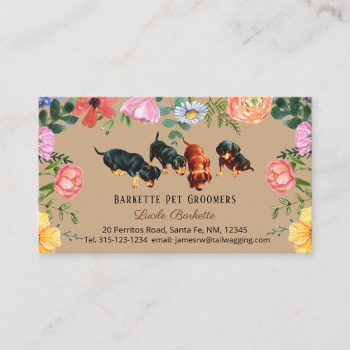Boho Cute Dachshund Pet Grooming Wildflowers Kraft Business Card