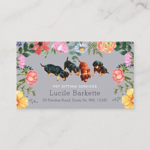 Boho Cute Dachshund Pet Sitting Wildflowers Gray Business Card