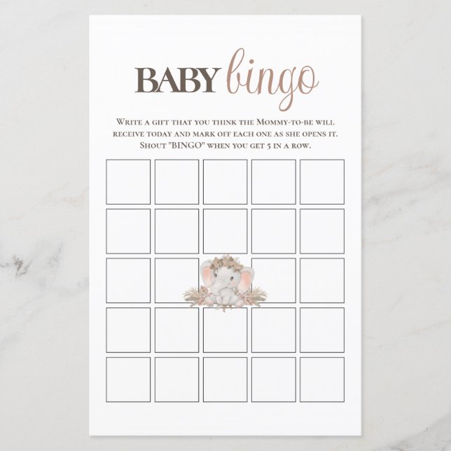 Boho Cute Elephant Baby Bingo Baby Shower Game (Front)