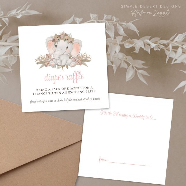 Boho Cute Elephant Baby Shower Diaper Raffle Enclosure Card (Cute Pink Boho Floral Elephant Baby Shower Diaper Raffle Enclosure Cards Gift Tag)