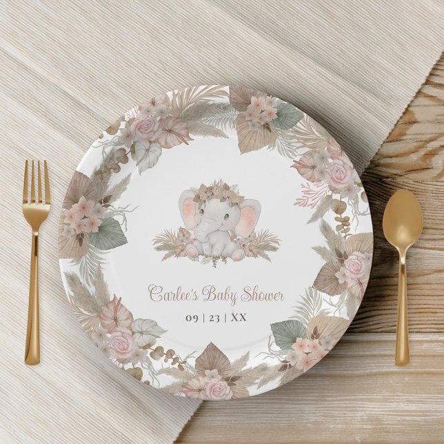 Boho Cute Elephant Gender Neutral Baby Shower Paper Plates (Boho Elephant Baby Shower Paper Plates with Blush Pink Neutral Floral Tones)