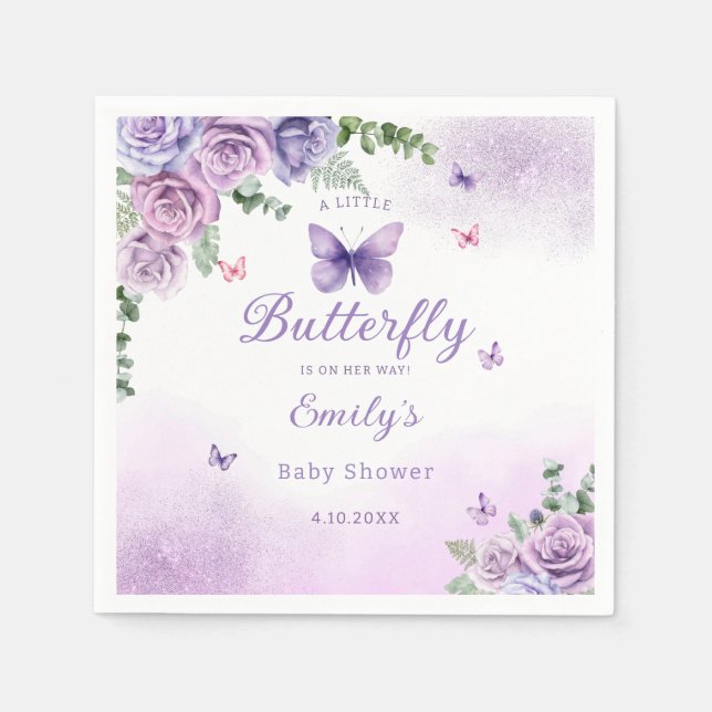 Boho cute Floral Purple Butterfly girl Baby Shower Napkins (Front)