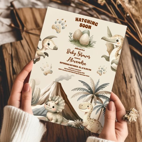 Boho Cute Hatching Soon Dinosaur Baby Shower Invitation