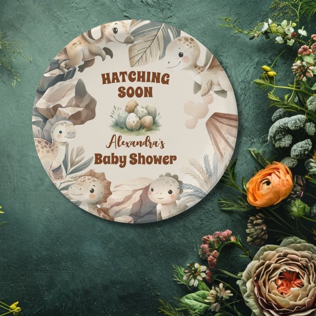 Boho Cute Hatching Soon Dinosaur Baby Shower Paper Plates (Creator Uploaded)