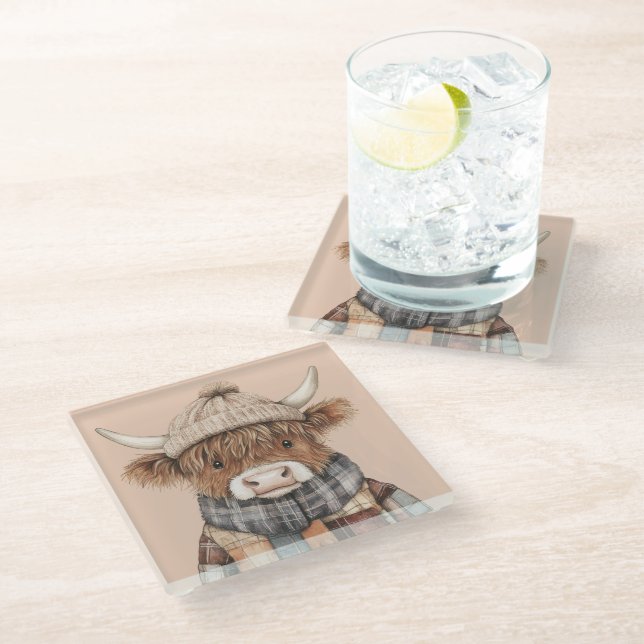 Boho Cute Highland Cow in Hat Cream Glass Coaster (Angled)