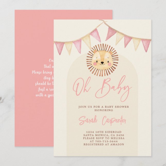 Boho Cute Lion Baby Shower Girl Invitation (Front/Back)