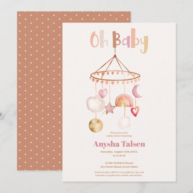 Boho cute mobile rainbow watercolor oh baby shower invitation (Front/Back)