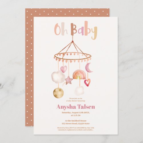 Boho cute mobile rainbow watercolor oh baby shower invitation