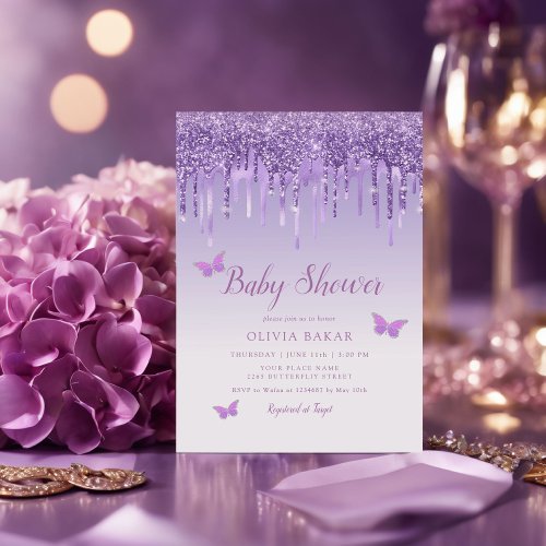 Boho Cute Ombre Purple Butterfly Girl Baby Shower Invitation