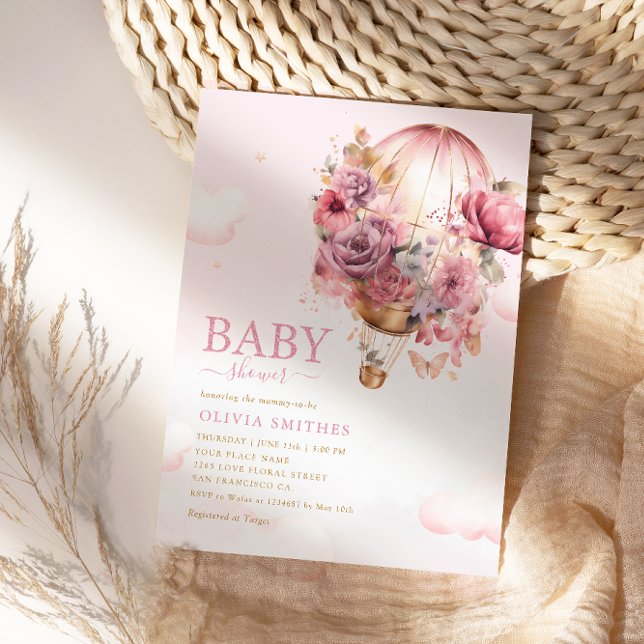 Boho Cute Pink Floral Balloon Girl Baby Shower Invitation (Creator Uploaded)