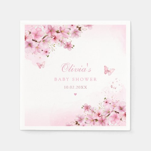 Boho Cute Pink Floral Butterfly Girl Baby Shower Napkins