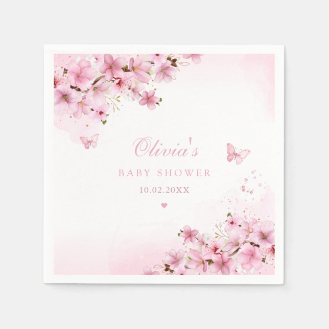 Boho Cute Pink Floral Butterfly Girl Baby Shower Napkins (Front)