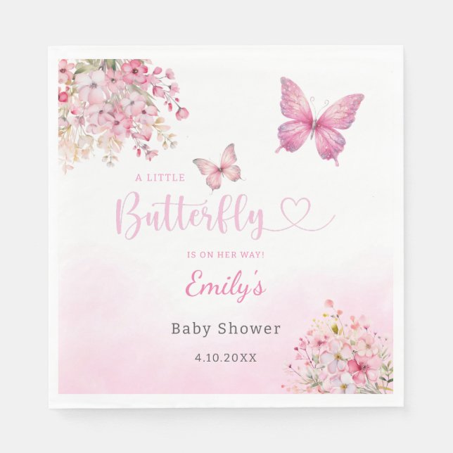 Boho Cute Pink Floral Butterfly Girl Baby Shower  Napkins (Front)