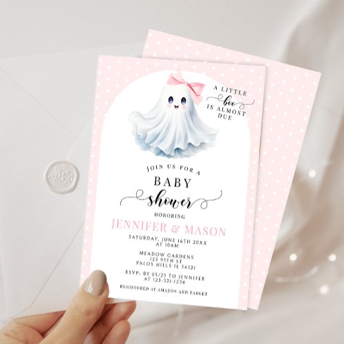 Boho Cute Pink Little Boo Bow Baby Girl Shower Invitation
