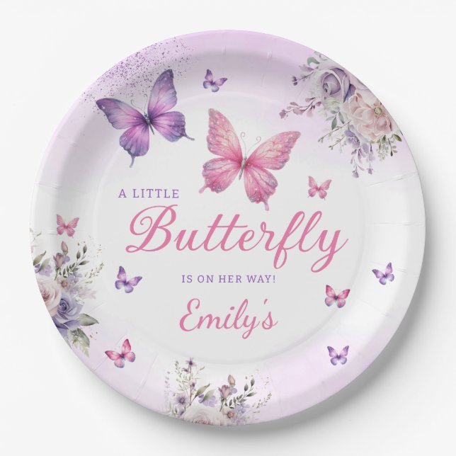 Boho Cute Purple Butterfly Floral Girl baby Shower Paper Plates (Front)