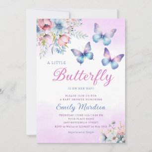 Boho Cute Purple Floral Butterfly Girl Baby Shower Invitation