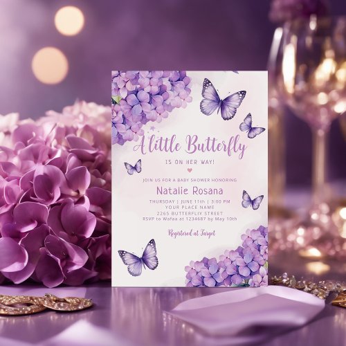 Boho Cute Purple Floral Butterfly Girl Baby Shower Invitation