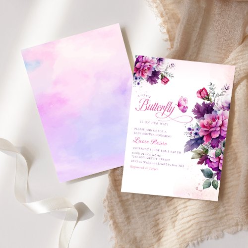 Boho Cute Purple Floral Butterfly Girl Baby Shower Invitation