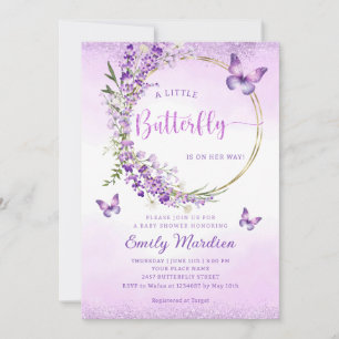 Boho Cute Purple Floral Butterfly Girl Baby Shower Invitation