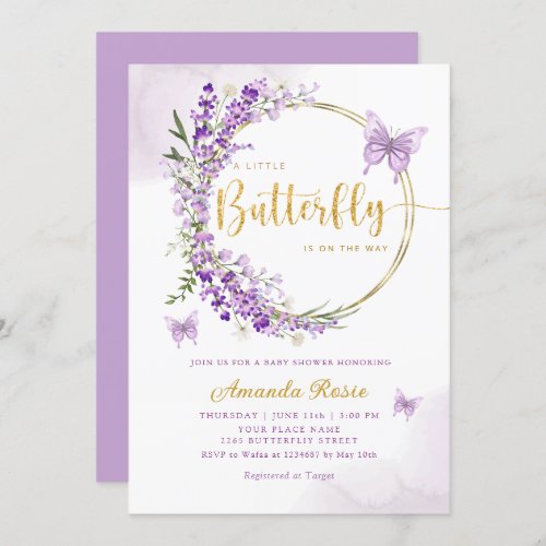 Boho Cute Purple Floral Butterfly Girl Baby Shower Invitation
