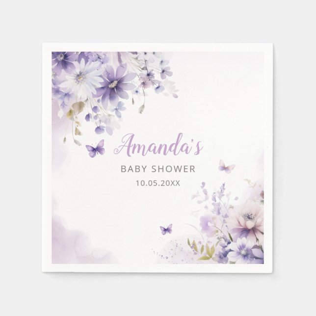 Boho Cute Purple Floral Butterfly Girl Baby Shower Napkins (Front)