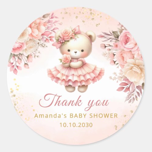 Boho cute Teddy Bear Girl Baby Shower Thank You  Classic Round Sticker