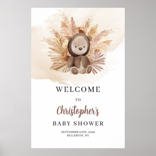 Boho Cute teddy bear tropical Baby Shower Welcome Poster
