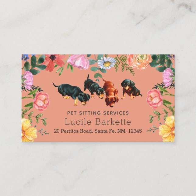 Boho Dachshund Pet Sitting Wildflowers Coral Peach Business Card (Front)