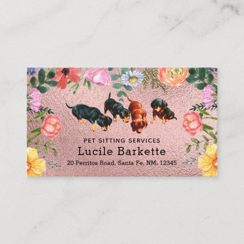 Boho Dachshunds Pet Sitting Wildflowers Pink Foil Business Card