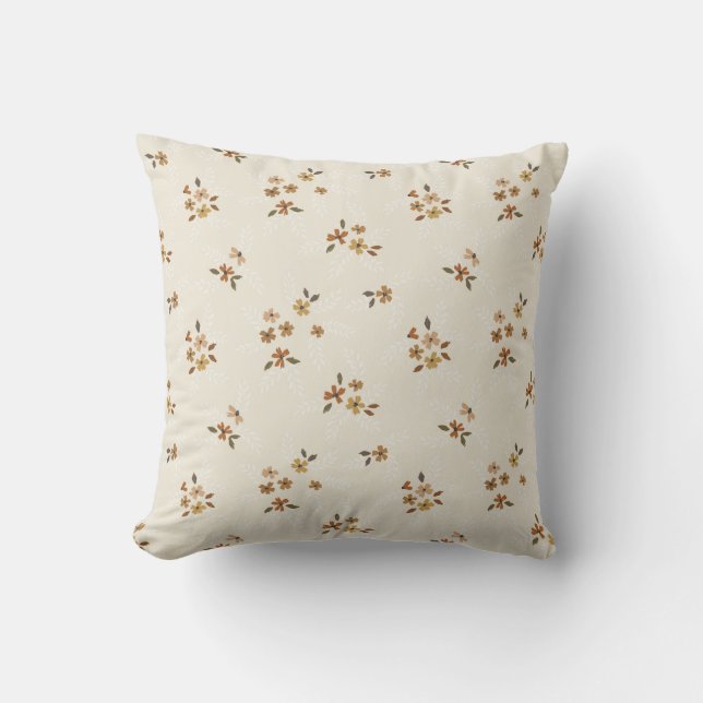 Boho Dainty Floral Flowers on Cream Throw Pillow (Front)