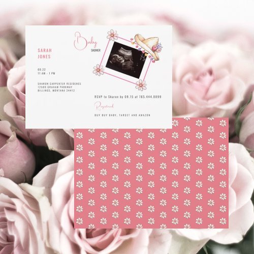 Boho Daisies and Pink Ultrasound Baby Shower Invitation
