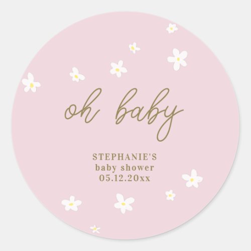 Boho Daisies Blush Pink Gold Oh Baby Girl Shower Classic Round Sticker