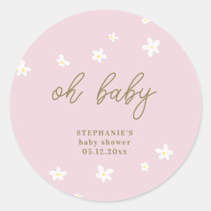 Boho Daisies Blush Pink Gold Oh Baby Girl Shower Classic Round Sticker