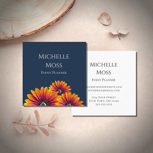  Boho Daisies Botanical Event Planner Navy Blue Square Business Card