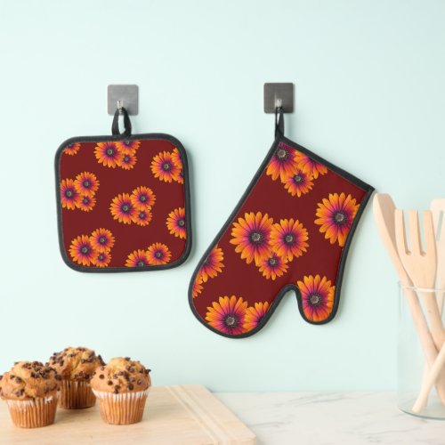 Boho Daisies Elegant Botanical Pattern Red Oven Mitt  Pot Holder Set