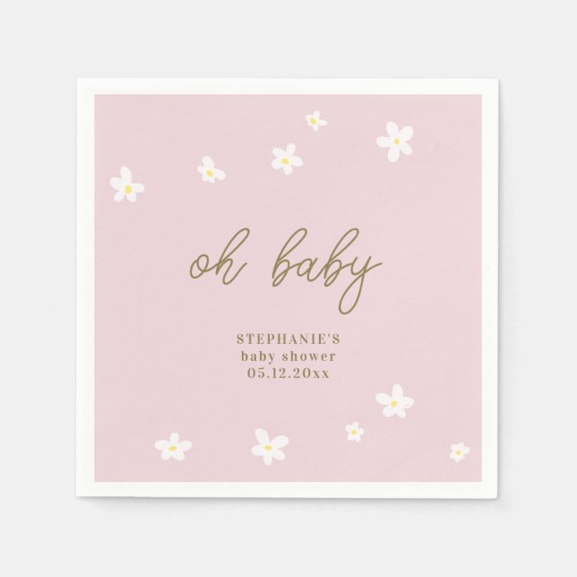 Boho Daisies Pink Gold Oh Baby Girl Shower Napkins (Front)